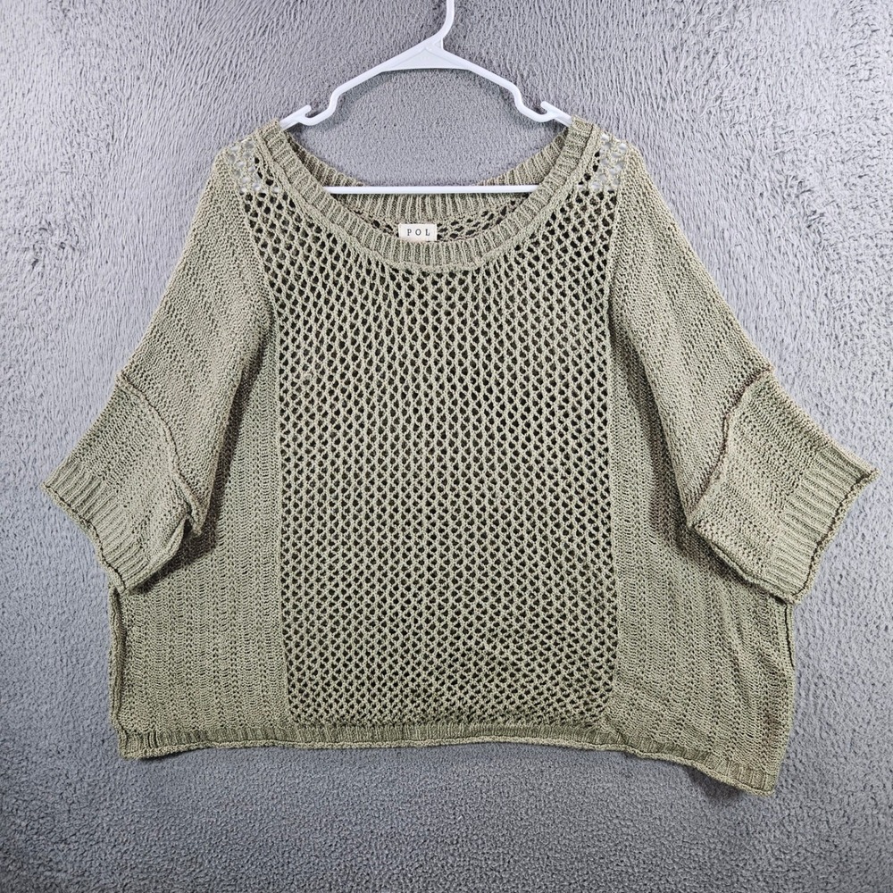 POL Womens Olive Green Open Knit Mesh Crochet Oversized Sweater Medium